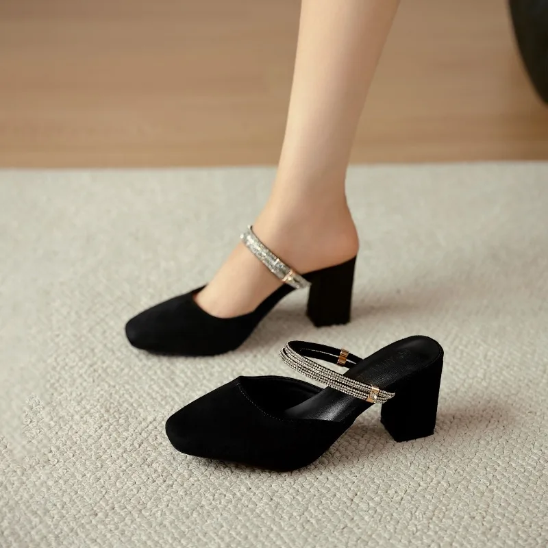 

Size 30-43 Summer New Mules Sandals Women's Medium Heel Thick Black Fashion High Heel Two Wear Cool Slippers