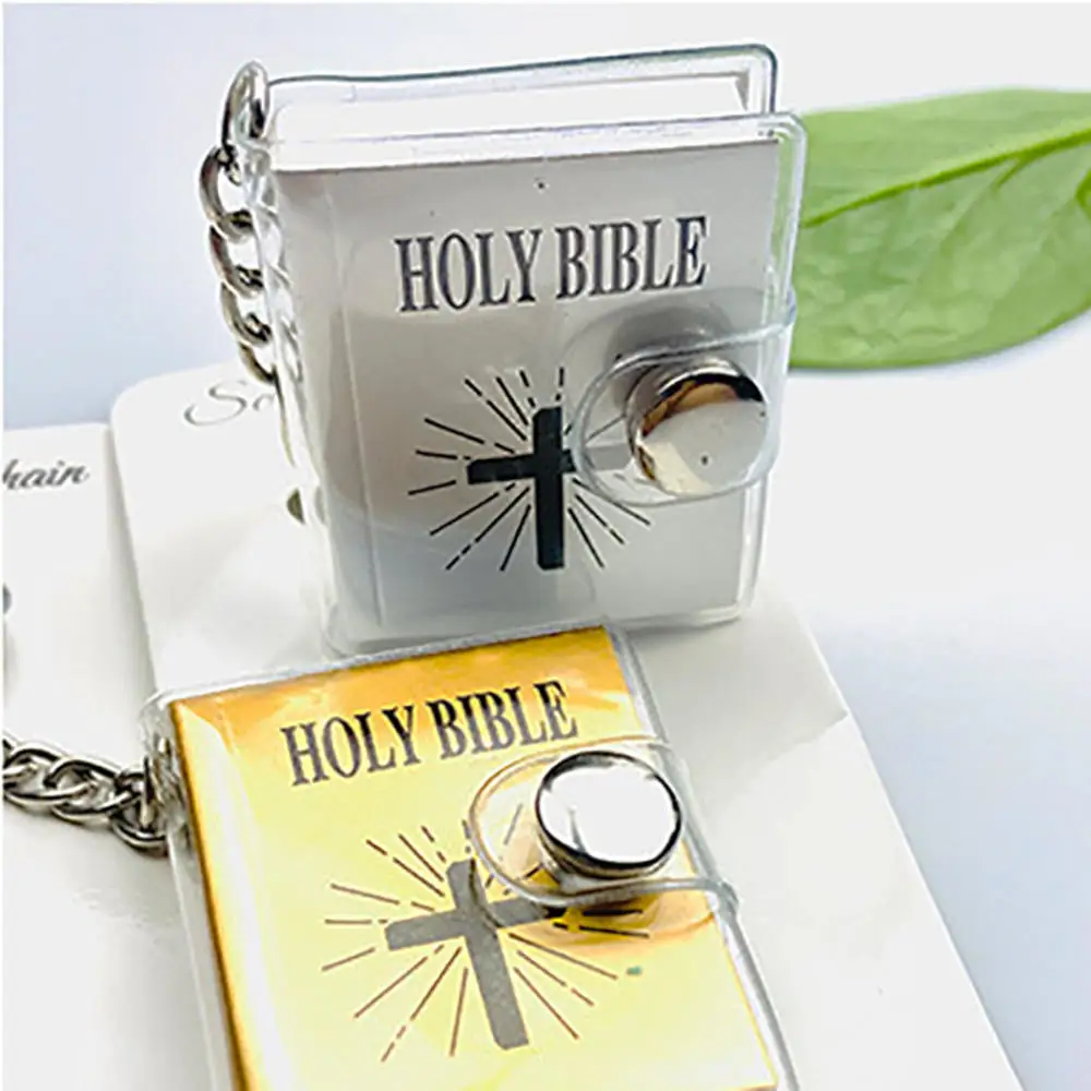 New Mini Jesus Keychain Small English Cross Holy Bible Book Keyrings Bag Pendant Jewelry Car Key Chain Women Souvenirs Gift