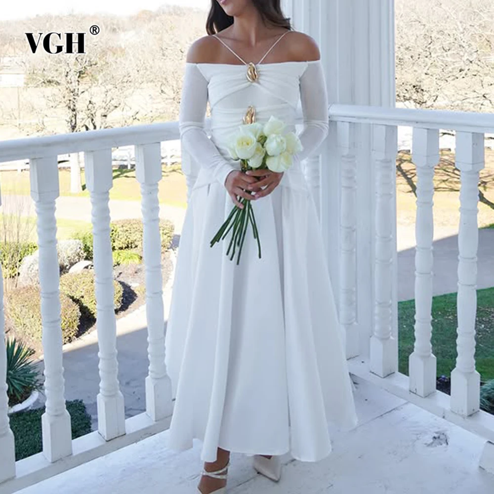 

VGH Elegant Evening Dresses For Women Slash Neck Off The Shoulder Sleeve Spliced Button Temperament Dress Female Fashion Style