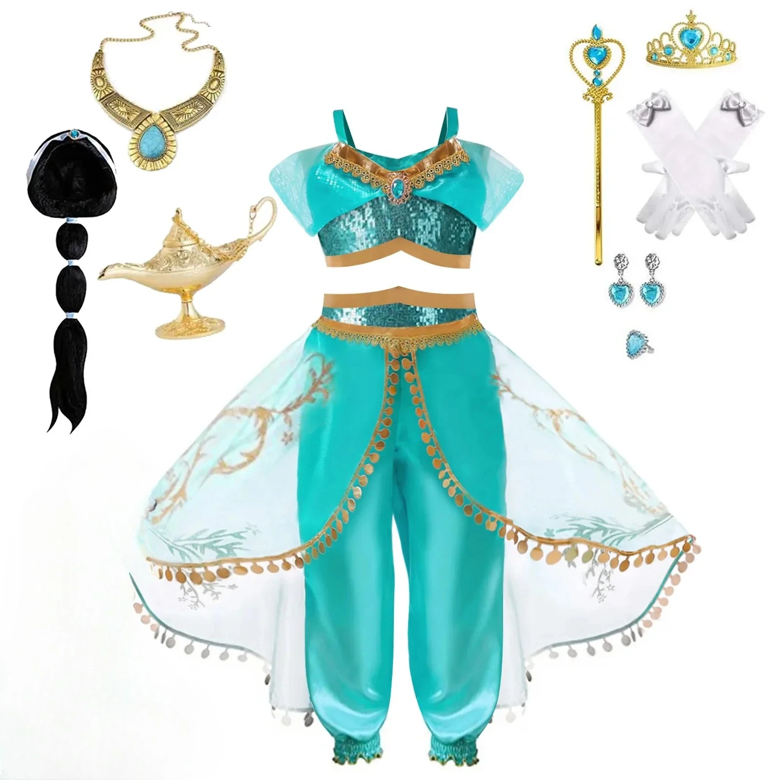 Summer Costume for Girls Jasmine Dress Aladdin Princess Magic Lamp Carnival Clothing Halloween Carnival Cosplay Outfit