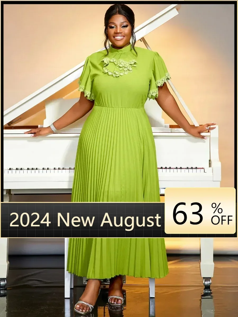 

Green Flattering Dresses Women Mock Neck Short Ruffles Sleeve High Waist A Line Pleated Causal Office Evening Long Gowns