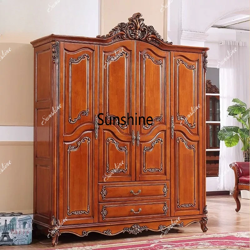 

European solid wood wardrobe luxury retro carved bedroom storage