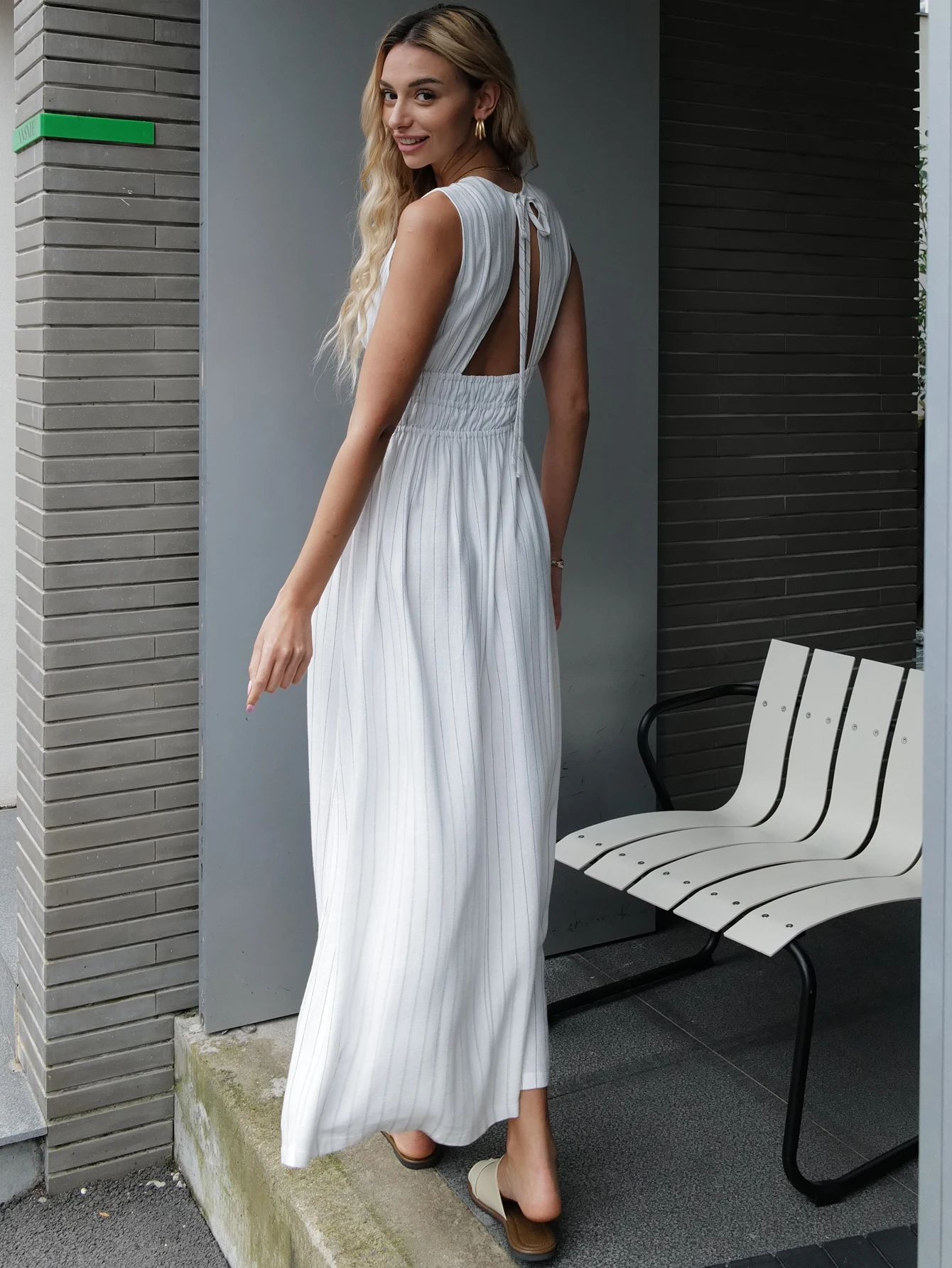 2024 Summer New Design Fashion Linen Viscose Striped Long Dress