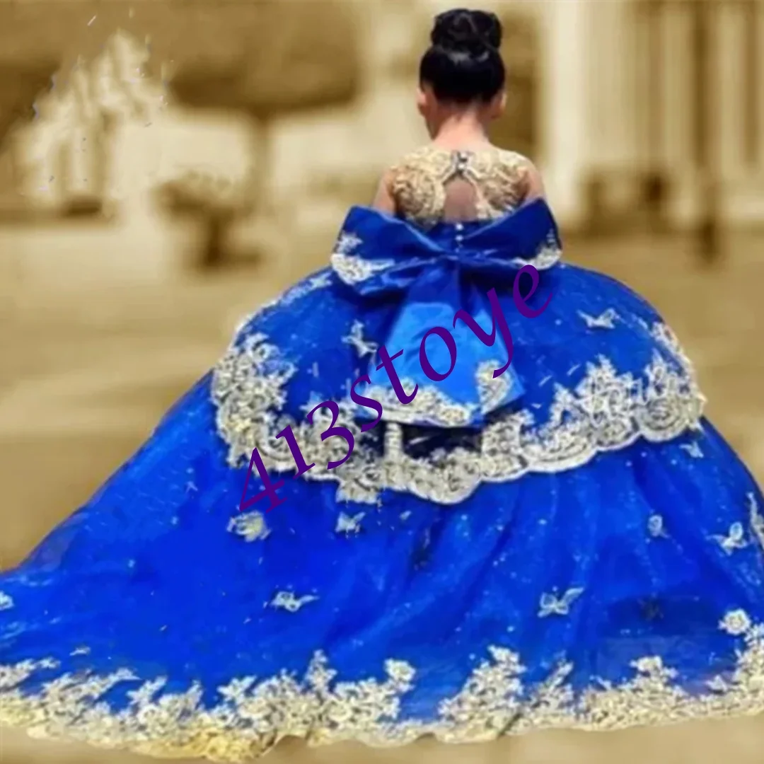 Aangepaste op maat gemaakte koninklijke zwarte bloemenmeisjesjurken voor bruiloft gouden applicaties met strik kinderverjaardagsfeestje eerste communie pag