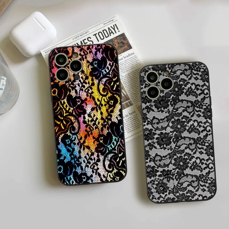 Lace fabric pattern Phone Case FOR IPhone 14 13 11 12 Pro 8 7 Plus X 13 Pro MAX XR XS MINI Black Covers