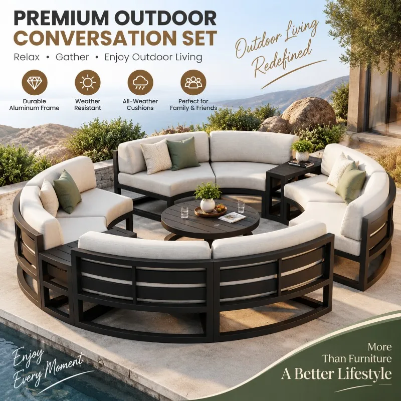 Luxury Curved Outdoor Sectional Sofa Set Aluminum Frame Waterproof UV Resistant Patio Furniture Garden Lounge Backyard Sofa