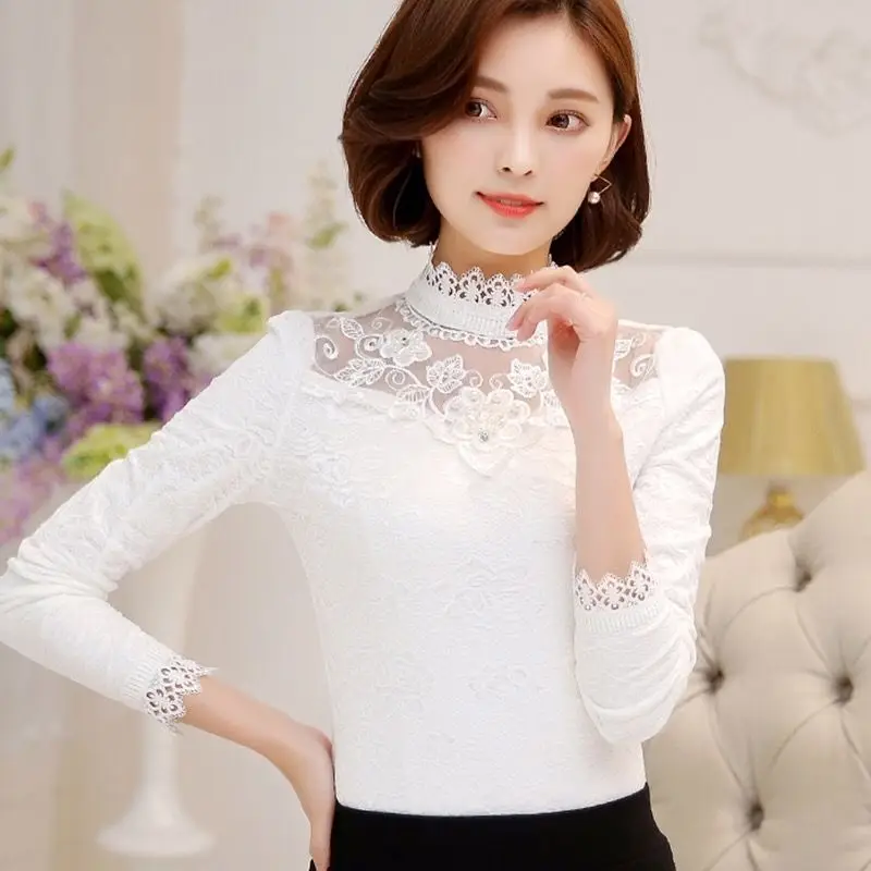 

Elegant Lace Beading Embroidery Hollow Out T-Shirt Women's Clothing 2023 Winter Loose All-match Tops Office Lady Warm Tee Shirt