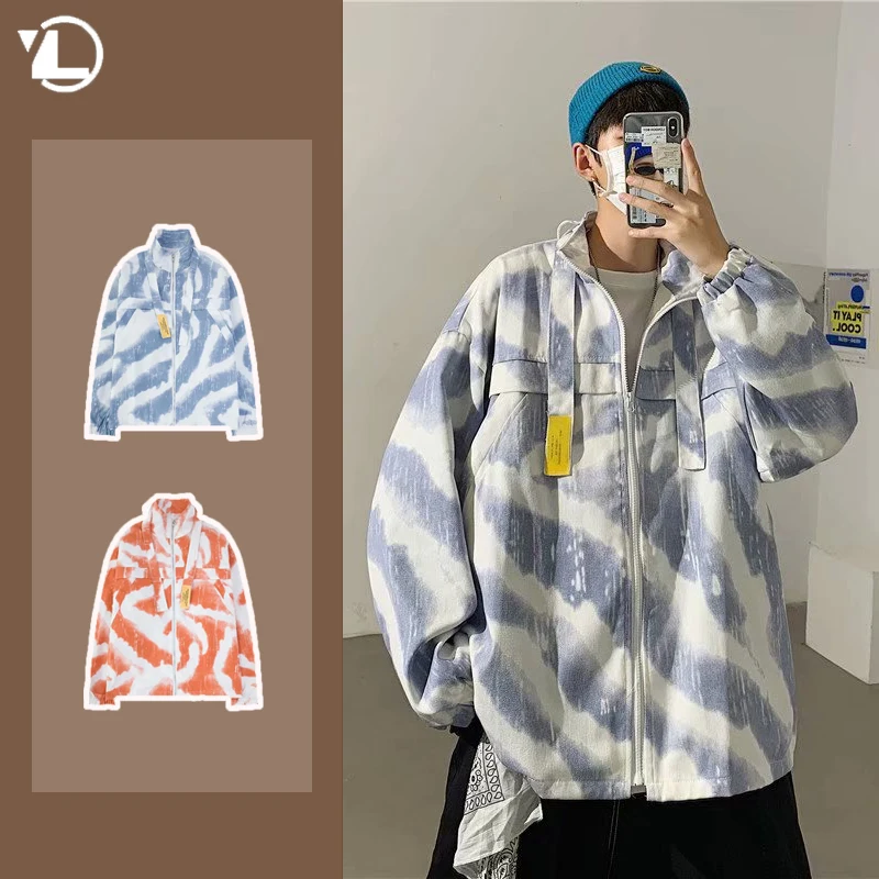 

Tie Dyed Standing Collar College Jacket Mens Spring 2024 Tooling Korean Casual Street Coats Trend Zipper Loose Couple Outwear