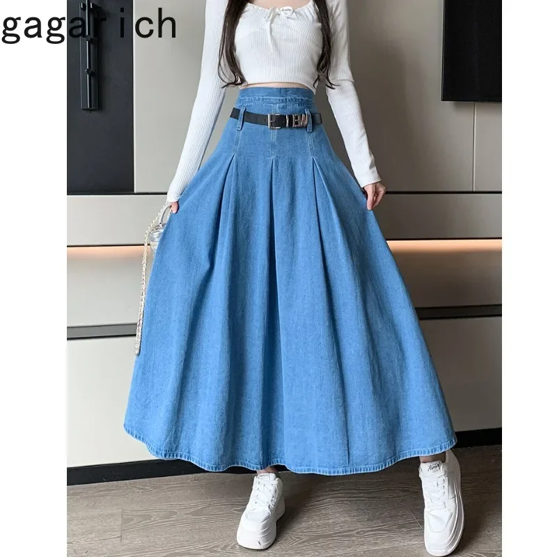 

Gagarich Colored Half Length Skirt Women Spring Autumn Midi Style Large Hem Denim Pleated High Waist A-line Umbrella Skirts