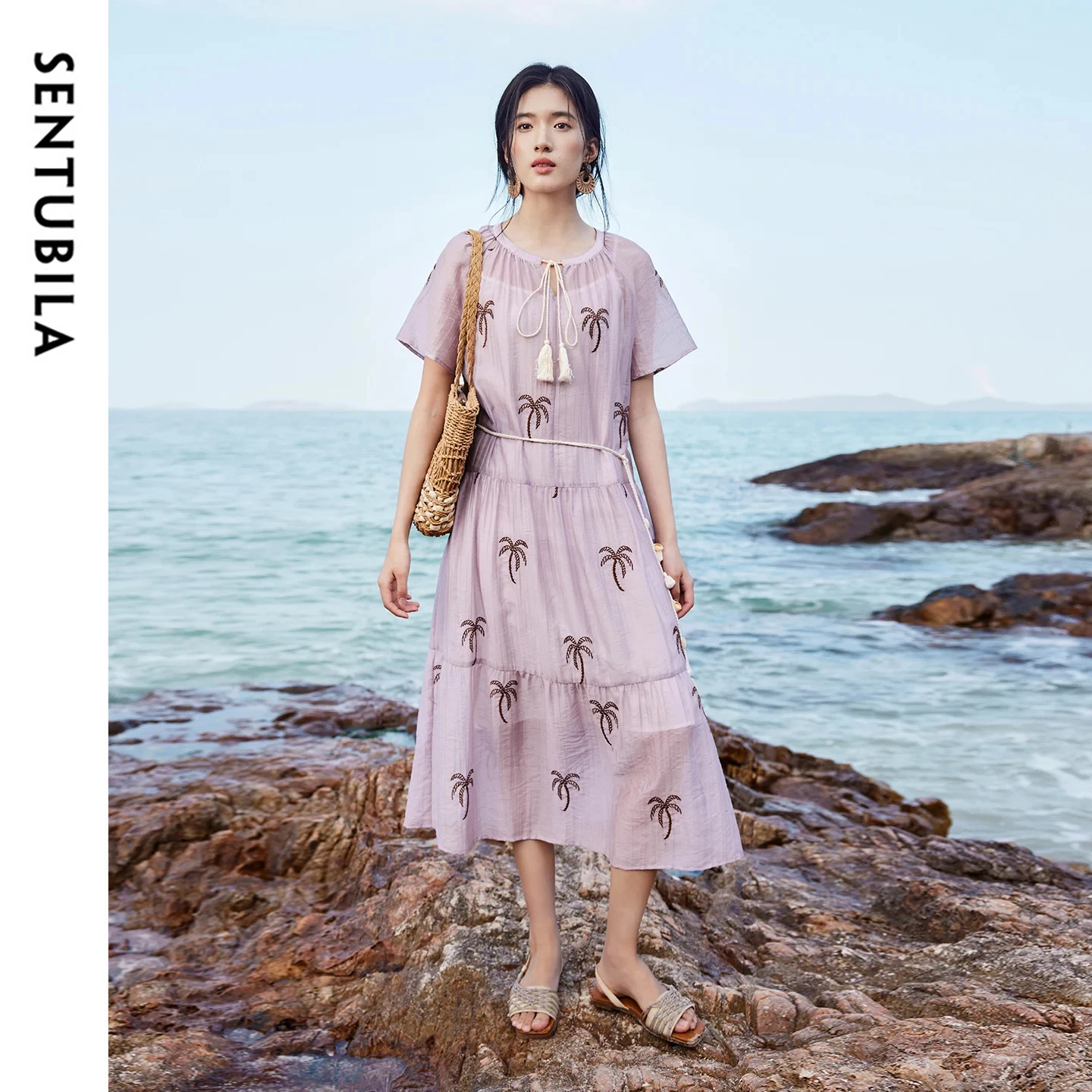 

SENTUBILA Women's Elegant Vacation 2 Piece Set Tie Round Neck Embroidery Detachable Tassel Lining Camisole Dress Set 162LF4707