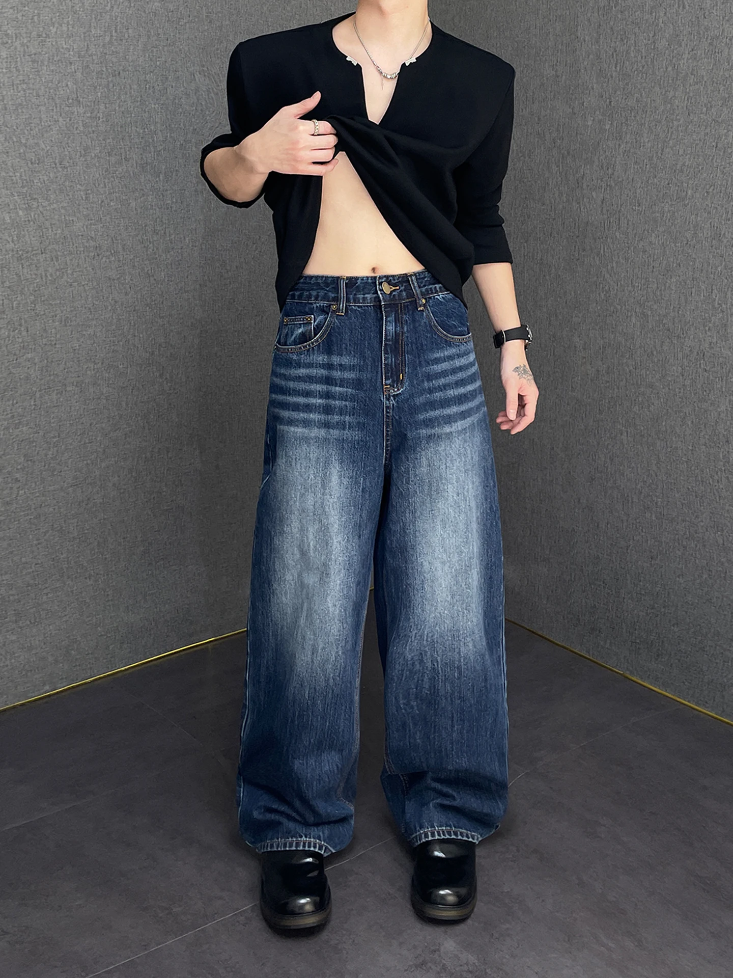 

Retro Washed Wide Leg Jeans Men's Casual Versatile Spring Autumn New Style Low Waist Zipper Closure Comfortable Loose Fit