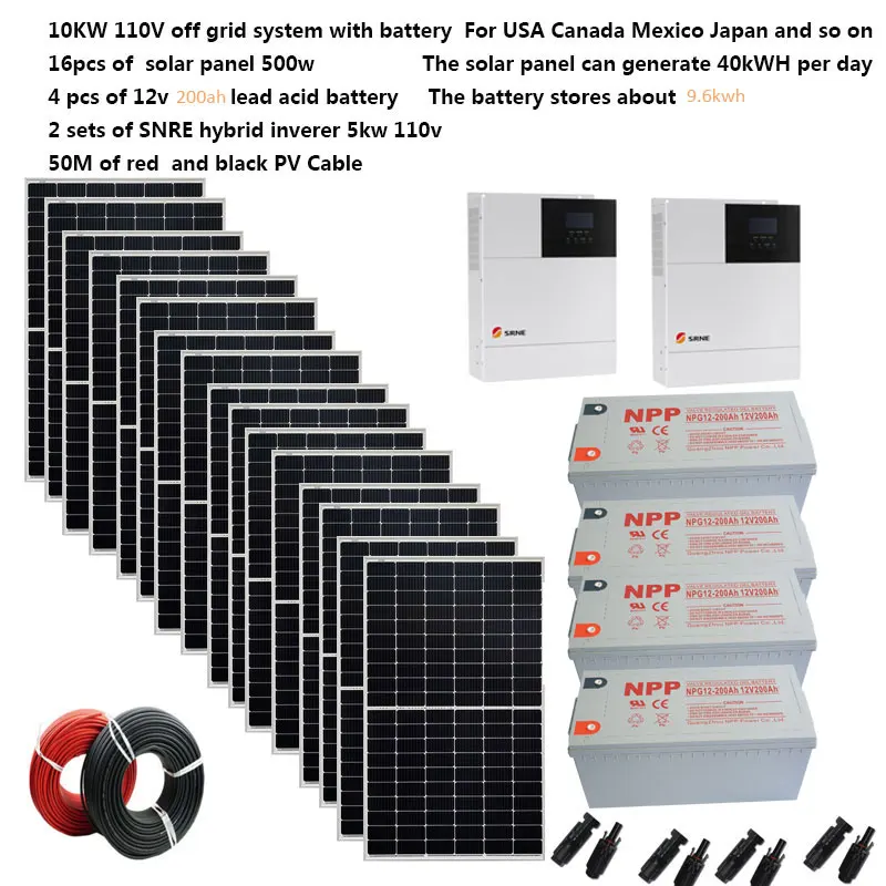 Off Grid Solar System Kit Complete10000W 10KW Solar Panel 500W Single Phrase 110V 220V AC Gel Battery UPS Hybrid Inverter Home