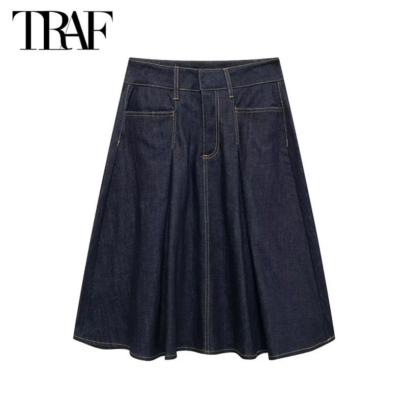 

TRAF Women's Y2K Skirts 2024 Spirng Summer Autumn Trend Long Denim Skirts Ladies Fashion Casual Elegant Darkblue Jeans Skirt