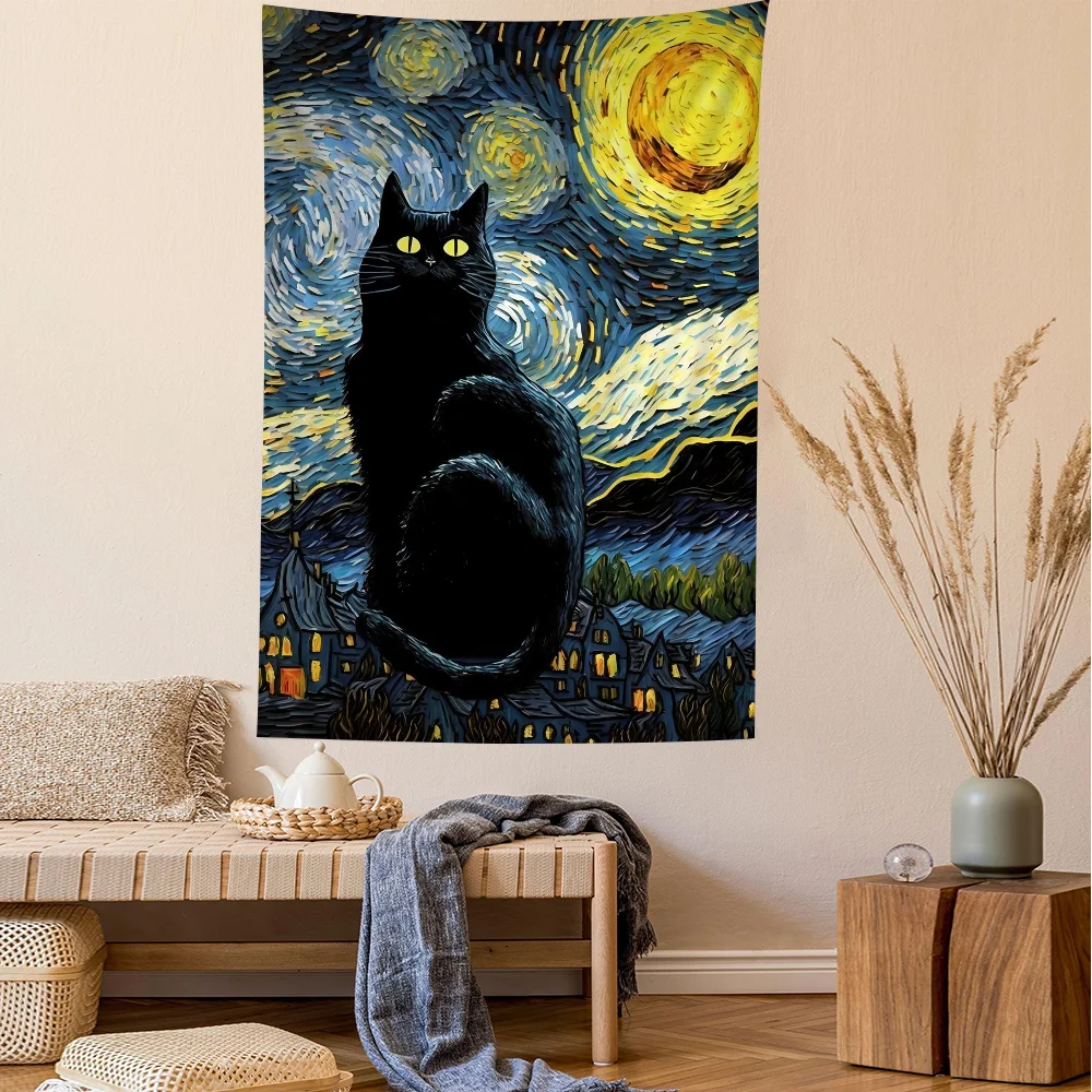 VIKAMA Sommer Sternennacht Schwarze Katze Wandteppich Gartenweg Dach Doppelte Katze Wirbel Sternennacht Wohnzimmer Raumdekoration
