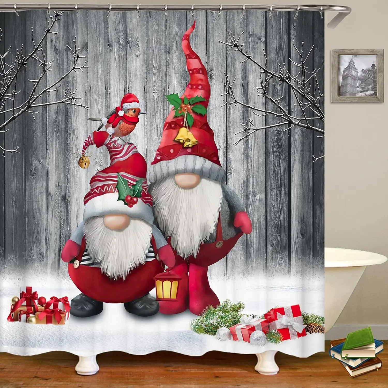 Christmas Shower Curtain Winter Snowman Snowflake Xmas Tree Snowy Forest Deer Red Truck Farmhouse Bathroom Decor Fabric Curtains