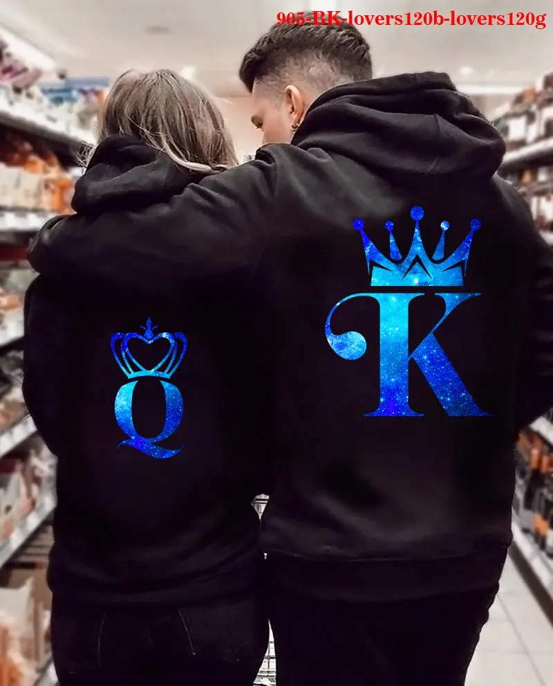 Winter Hooded Pullover Tops Hoody Long Sleeve Couple Clothing KING Queen Crown Printing Women Hoodies Sweatshirt for Lovers