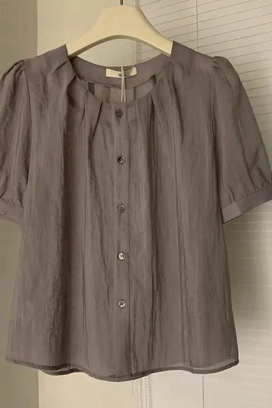 

Fashionable And Stylish Blouse 2025 Summer New Loose Pleated Round Neck Pullover Top