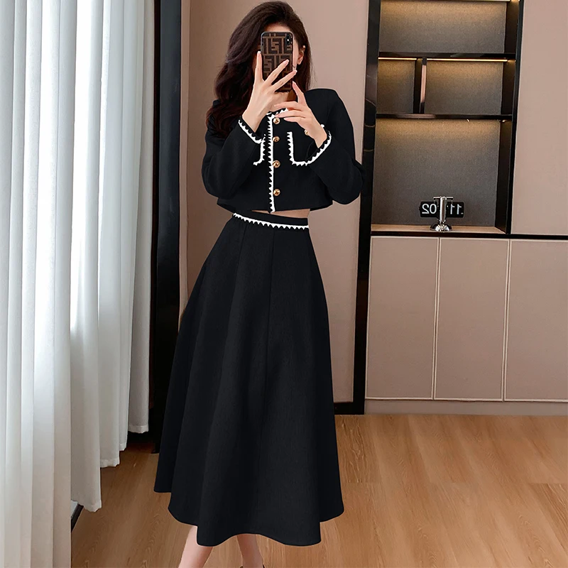 Small Fragrance Autumn Winter Fashion Women\'s Suit Single-breasted O Neck Short Coat + High Waist Mid Length Skirt 2 Piece Set