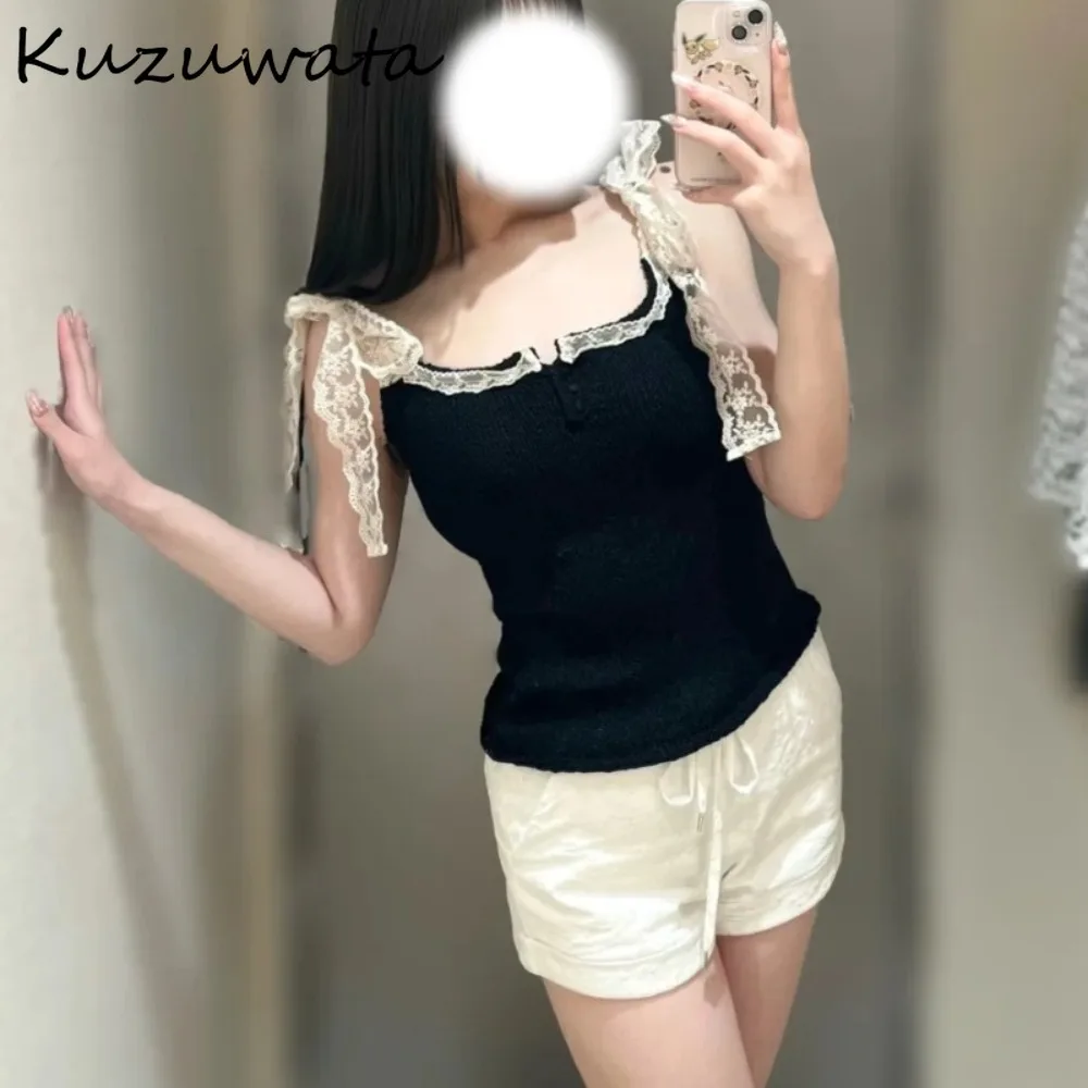 

Kuzuwata Sweet Lovely New Lace Vest Patchwork Delicate Spaghetti Strap Fresh Mujer Japan French All-match Casual Exquisite Tanks