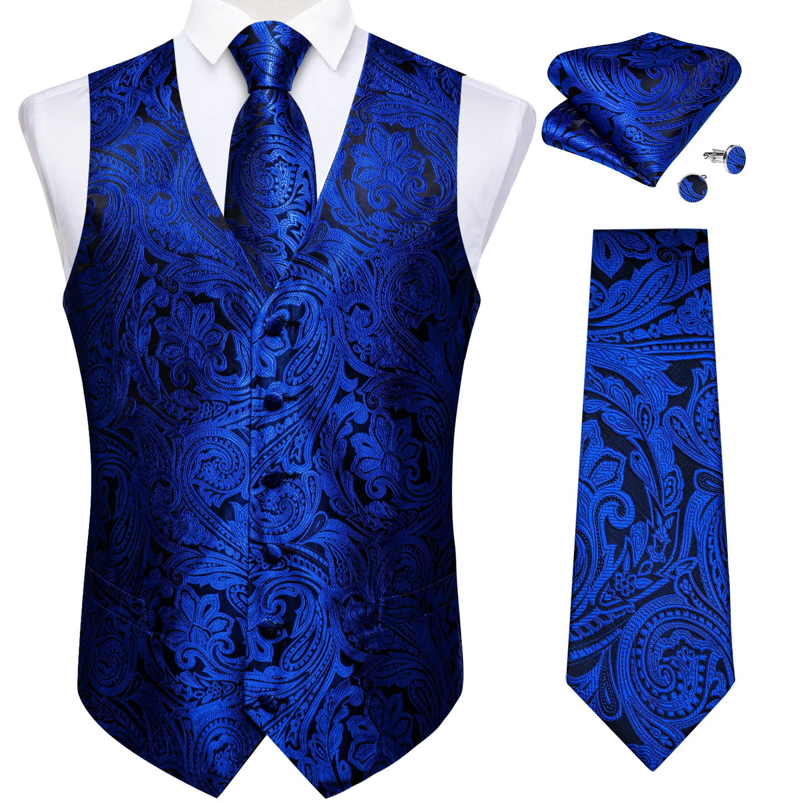 Bright Blue Paisley V-Neck Waistcoat 5Pcs Outfit Tie Square Cufflinks Shiny Ring For Prom Holiday Celebration