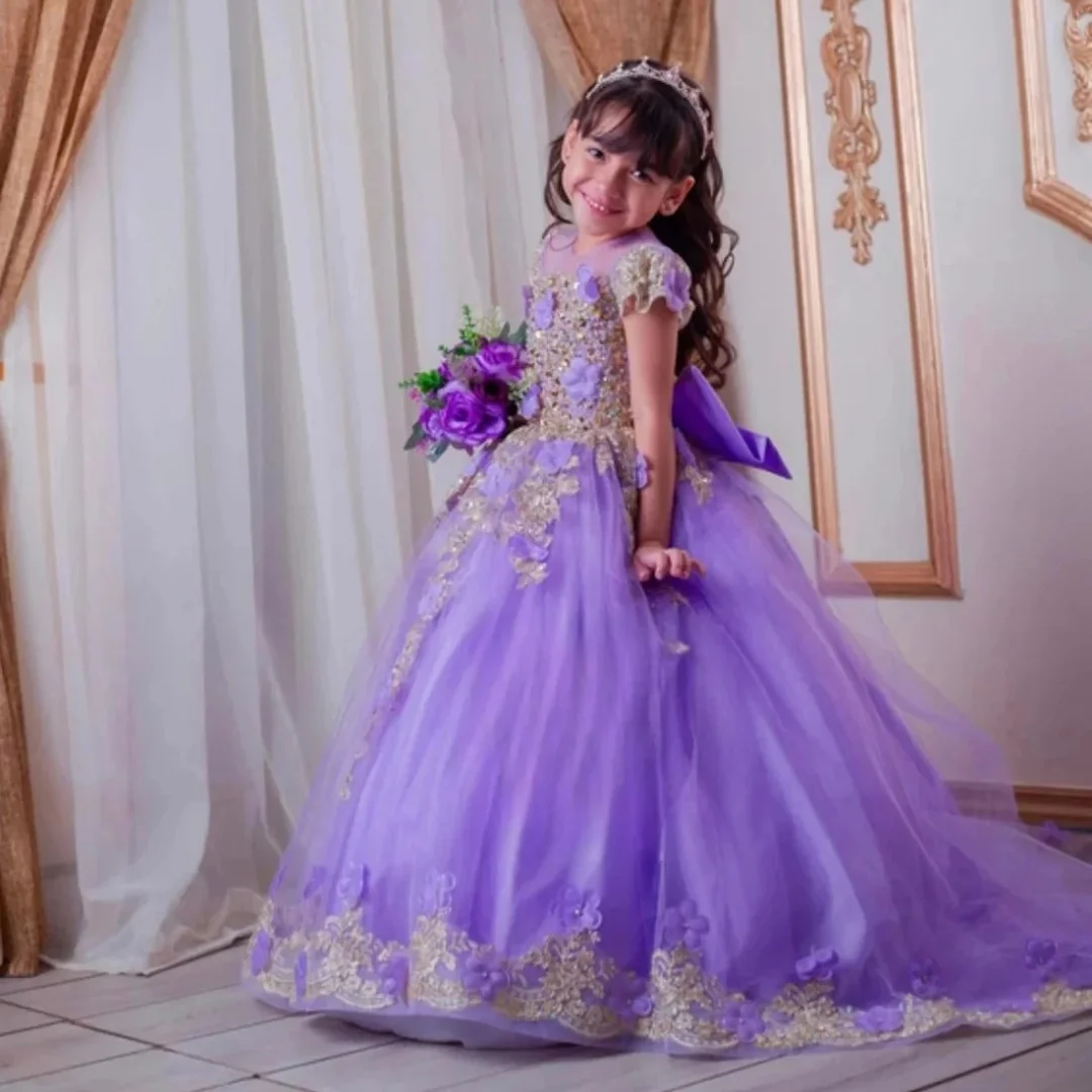 

Purple Flower Girl Dress For Wedding Bow Lace Appliques Floor Length Girl Kids Birthday Party Priness First Holy Communion Gowns