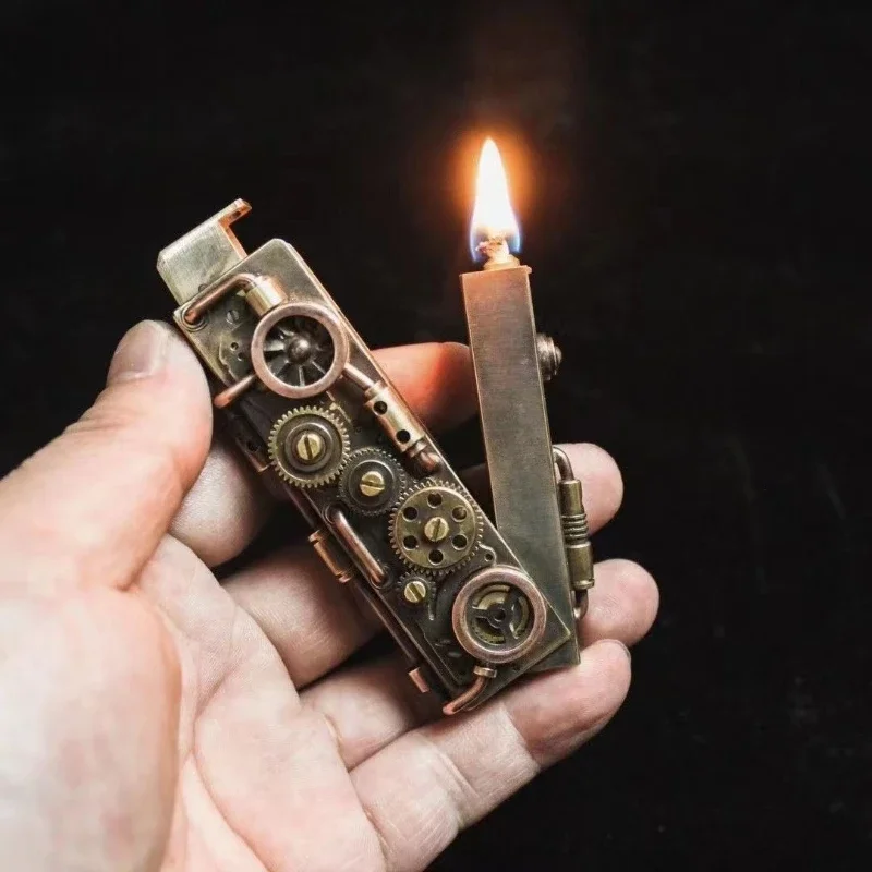 Handmade Mechanical Punk Kerosene Lighter Pure Copper Gear Welding V-shaped One Key Press Ejection Ignition Smoking Accessories