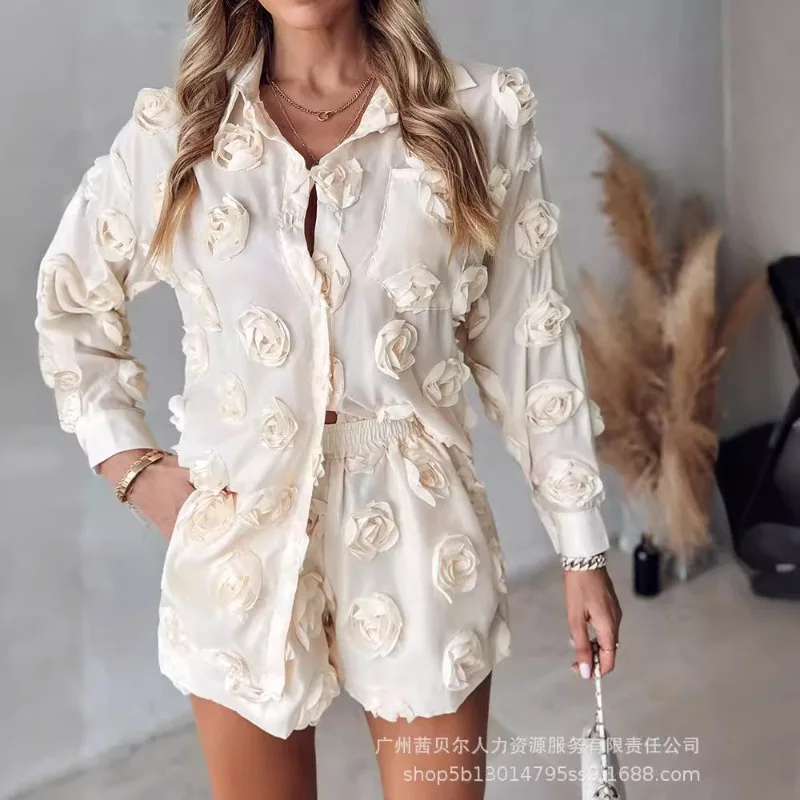 

2024 Spring Summer New Women's Clothing Solid Color Three-Dimensional Flower Lapel Long Sleeve Top Shorts Suit