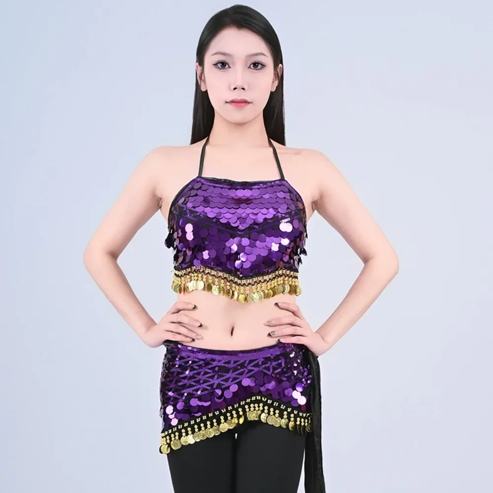 Stage Set! Belly Dance Costume with Waist Chain, Waist Accessories, Sequins Tassel Hip Scarf and Triangle Scarf Waist Scarf