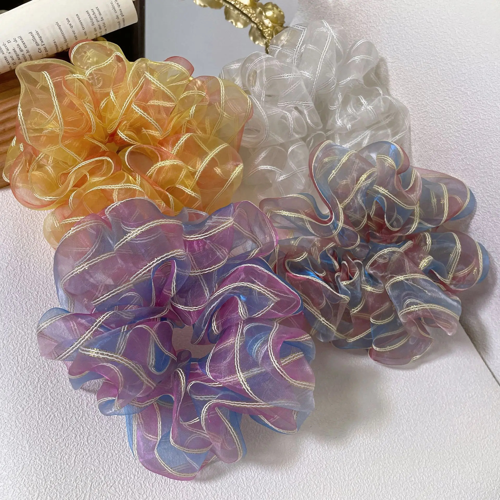 Nowe damskie Oversize kolorowe paski Organza Scrunchies lato jasna gumka do włosów moda opaska do włosów kucyk krawat elastyczna opaska na głowę — zdjęcie 5