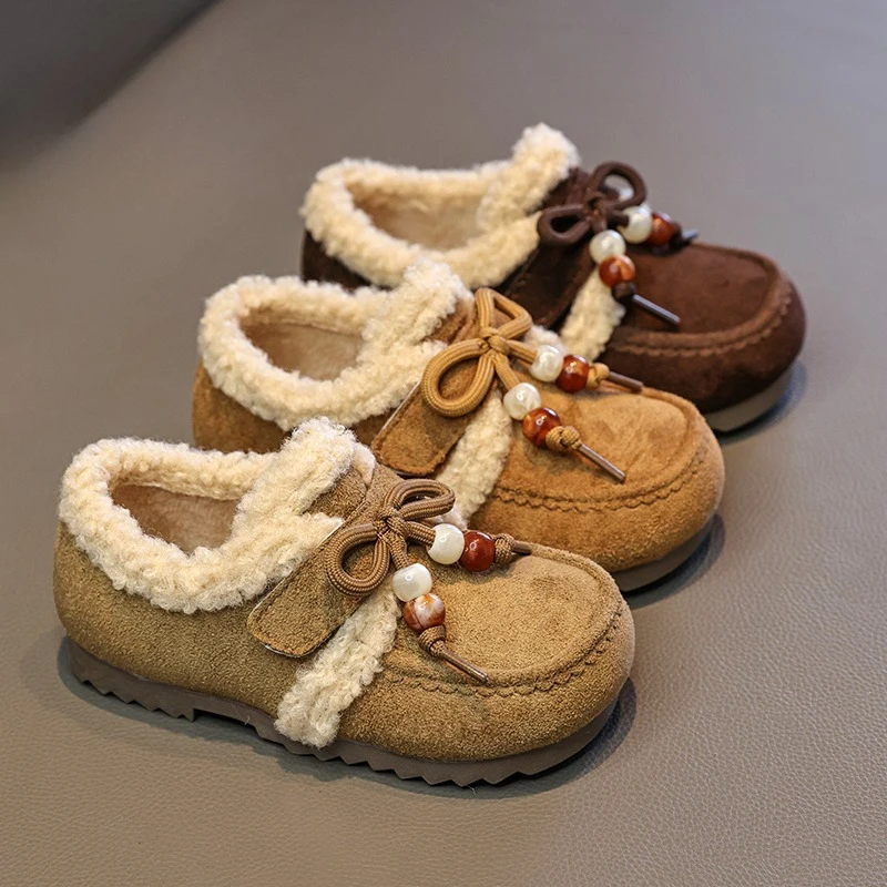 

2025 Winter Children Cotton Shoes New National Style Girls Causal Shoes Beading Bowknot Kids Fashion Plush Flat Shoes Hook Loop