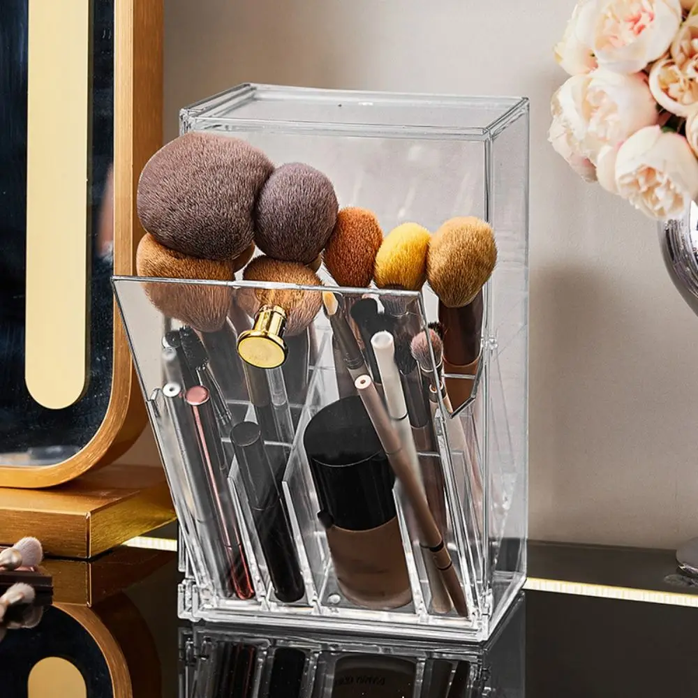 

Transparent Makeup Display Rack Flip-Top with Lid Cosmetic Brush Storage Box Thickened 17 Slots Makeup Brushes Holder