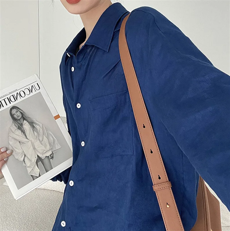 Casual Linen Blue Shirt Women Spring and Summer Sun Protection Cardigan Solid Color All-match Shirts with Button Lady Streetwear