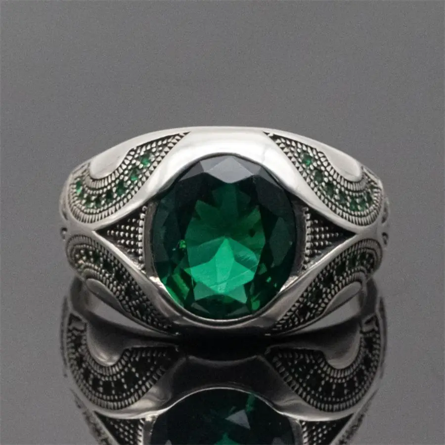 Original 925 Sterling Silver Ring for Men Green Cubic Zirconia Stone Jewelry Gift Silver Hand Wedding Male Ring