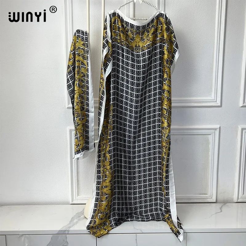 

WINYI african dress woman elegant abaya dubai luxury muslim dress Crew Neck classic boho print Kaftan Maxi Length evening dress