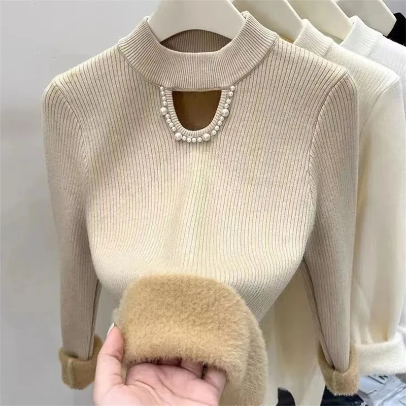 

Winter Sweater Women Elegant Thicken Velvet Lined Warm Sueter Knitted Pullover Slim Tops Jersey Knitwear Jumper New 2024