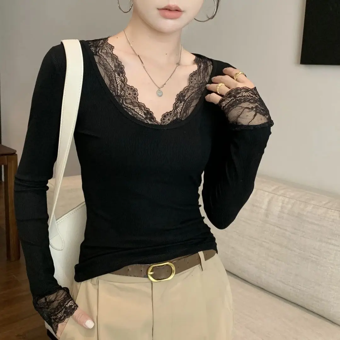 White Pure Desire Lace U-Neck German Velvet Base Shirt Women's Autumn Winter Inner Wear Can Be Worn Outdoors Fashionable Slim...