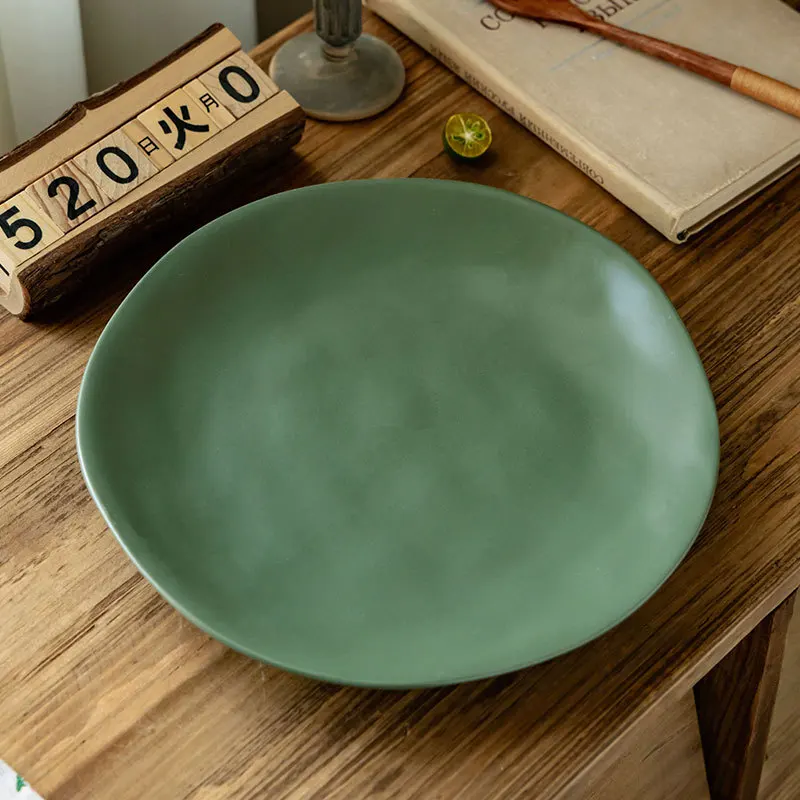 

Vintage Ripple Green Ceramic Plate Large Dinner Plate Steak Plate Round Shallow Dish for Restaurant Home