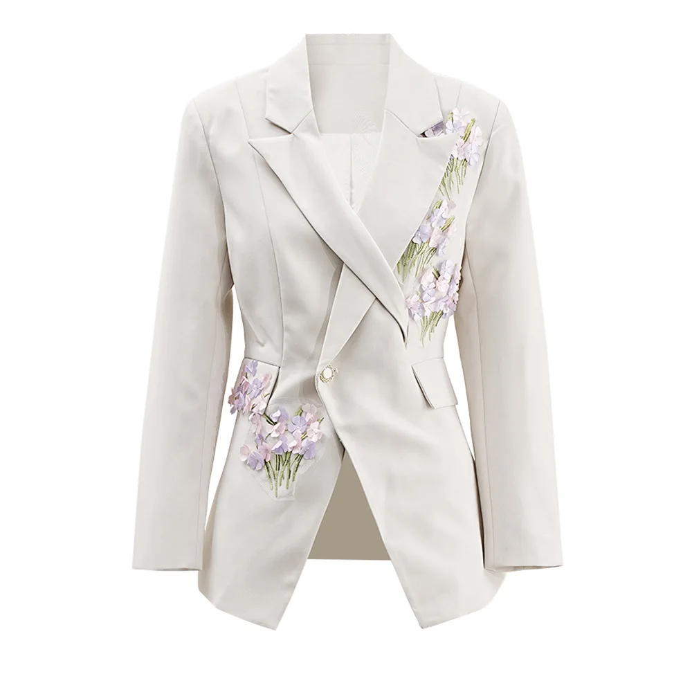 Off White Floral Women Pants Set 2 Piece Blazer+Trousers 3D Flower Formal Office Lady Prom Jacket Coat In Stock