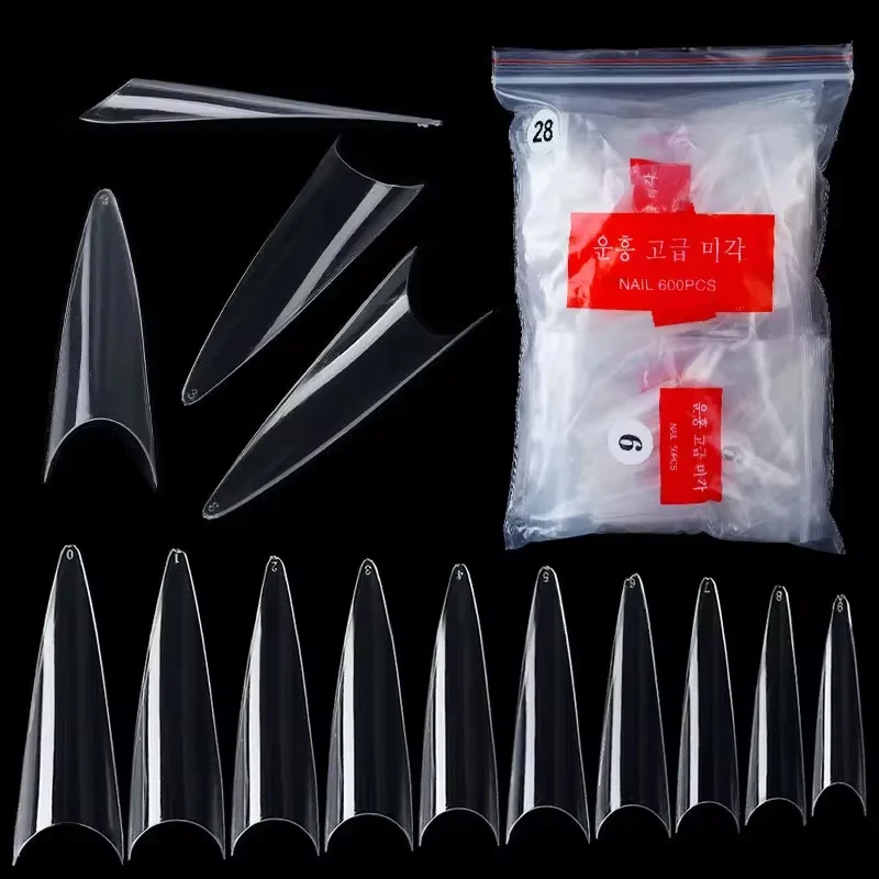 500Pcs/Bag Transparent Nature Press on Nails Tips Stiletto Fake Nail Acrylic Full Cover Artificial Nail Manicure Extension Tools