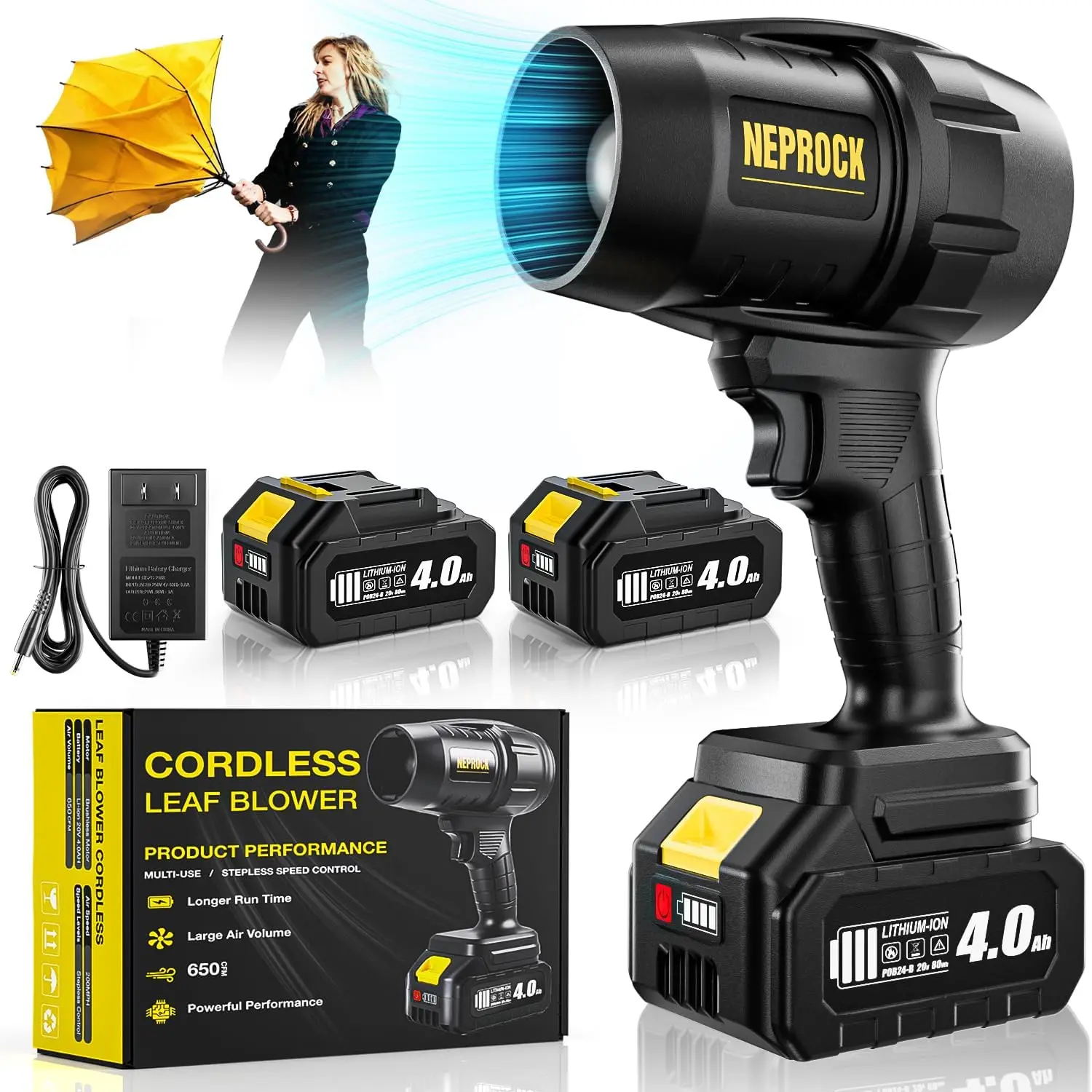 

Electric Industrial Leaf Blower 4.0Ah Battery Charger 21V Cordless High-Speed Brushed Motor 500CFM Airflow Variable Speed