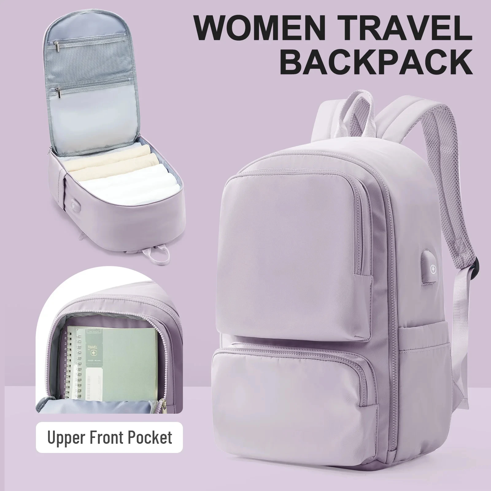 Women's Cabin Travel Backpack with USB Charging Port, Laptop Backpack, Waterproof, Portable, Student School, Pink