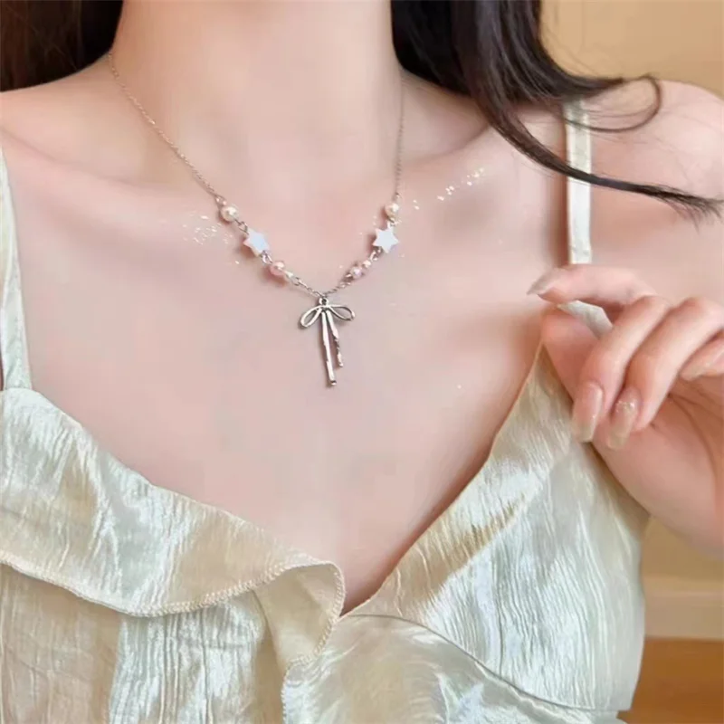 Trendy Perle Perlen Perle Band Bowknot Halskette für Frauen Einfache Stern Bogen Quaste Colliers Elegante Schlüsselbein Kette Partei Schmuck – Detail 2