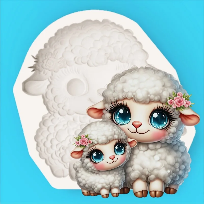 Parent-Child Sheep Silicone Mold, Curly-Haired Mother Sheep and Baby Sheep Hugging Each Other Design, Chocolate Dessert Fondant Making Mold