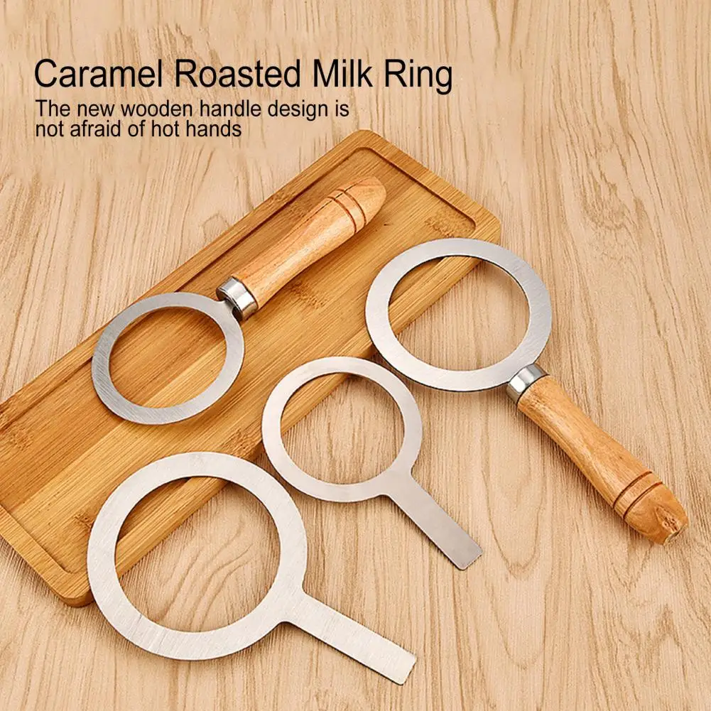 

Stainless Steel Baking Cup Ring Wooden Handle Milk Tea Cup Cover Rim Gasket for Dessert Bubble Tea Roasted Milk DIY Making