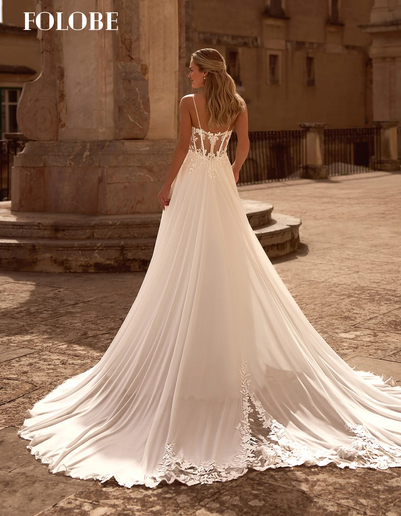 FOLOBE السباغيتي حزام ألف خط فستان الزفاف رائعة زين Ballgown سويب تراين فستان زفاف vestidos de noche مخصص
