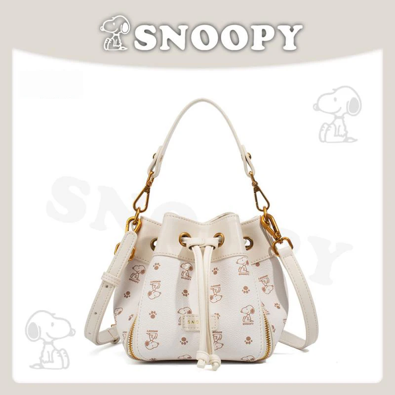 Snoopy New Drawstring Bucket Bag Cartoon Printing Commuter Shoulder Crossbody Handbag Large Capacity Female Bag Birthday Gift