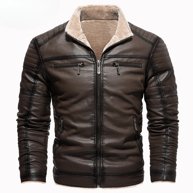 

Winter Thickened Men's PU Jackets Pockets Zipper Lapels Top Fleece Warm Coats Retro Motorcycle Leather Jacket Men Clothing S-3Xl