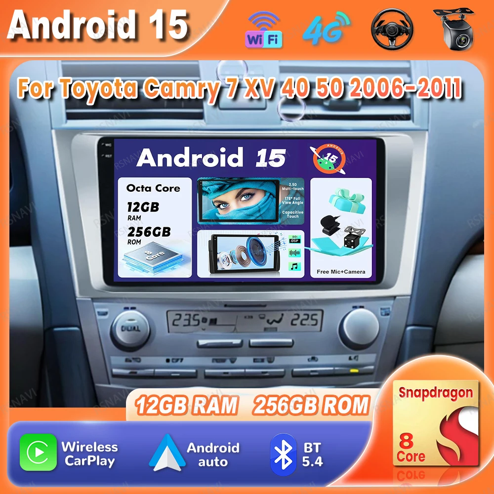 

Автомобильный радиоприемник Android 15 для Toyota Camry 7 XV 40 50 2006-2011 Головное устройство Qualcomm 5G WIFI GPS BT Беспроводная автомобильная навигация Carplay