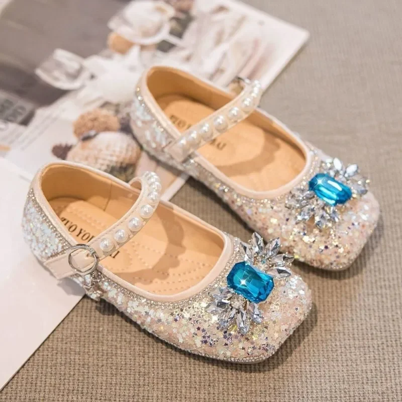 Girls Shoes Rhinestone Princess Shoe Pearls Mary Janes Wedding Shoe Dance Show Party Children Leather Shoes Autumn