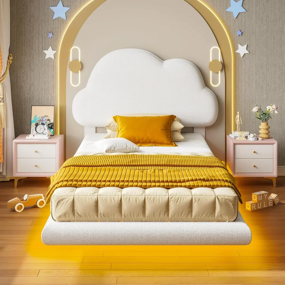 Upholstered Twin Bed Frame with LED Lights, Wooden Slat Support, No Box Spring Needed